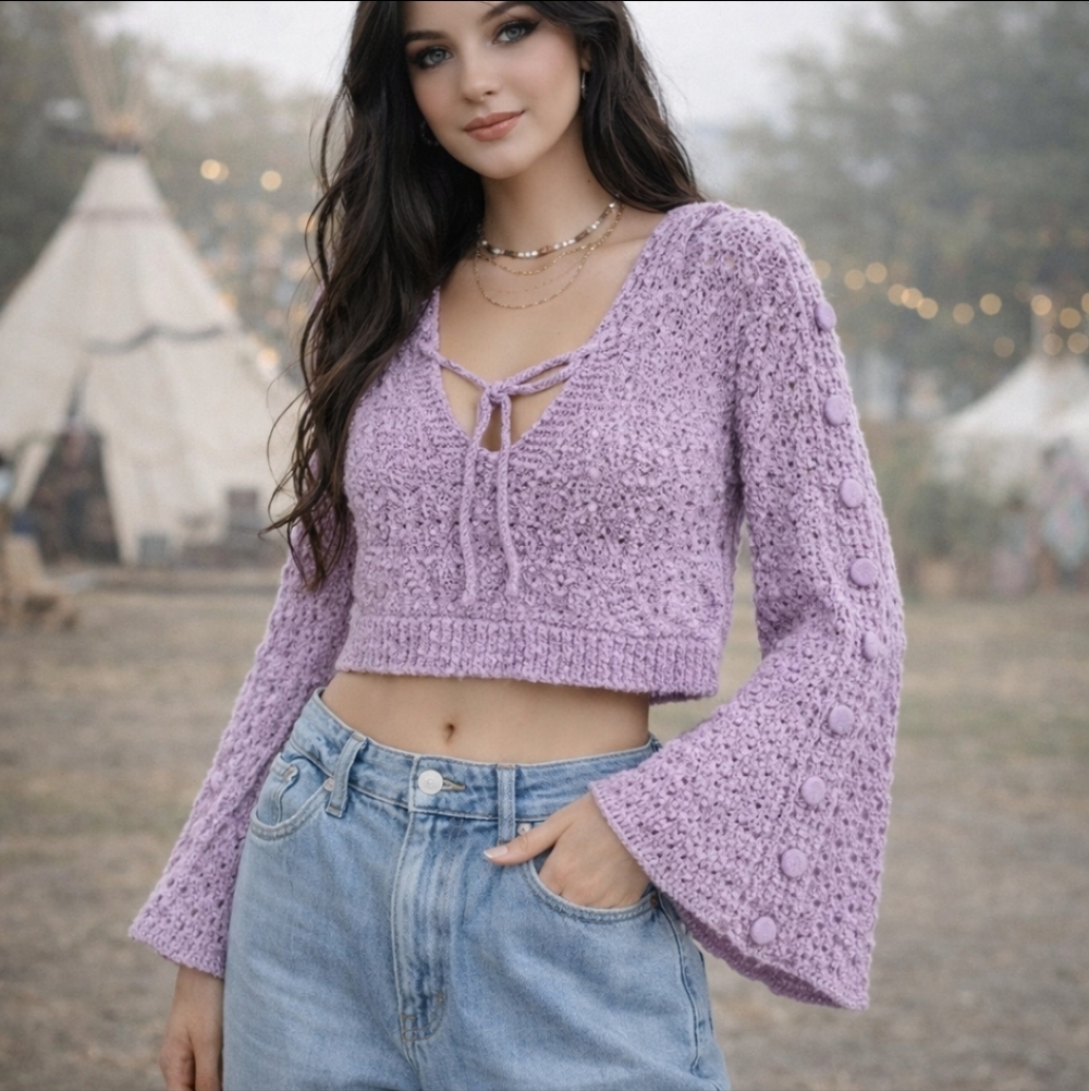 Pol Lavendar Chenille Sweater Hooded Cropped Button Up Bell Sleeves Boho Sz S